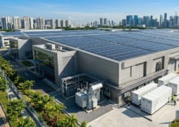High-efficiency solar panels installed on a factory roof integrated with outdoor energy storage cabinets for comprehensive industrial solar battery storage.