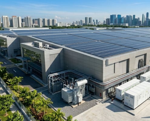 High-efficiency solar panels installed on a factory roof integrated with outdoor energy storage cabinets for comprehensive industrial solar battery storage.