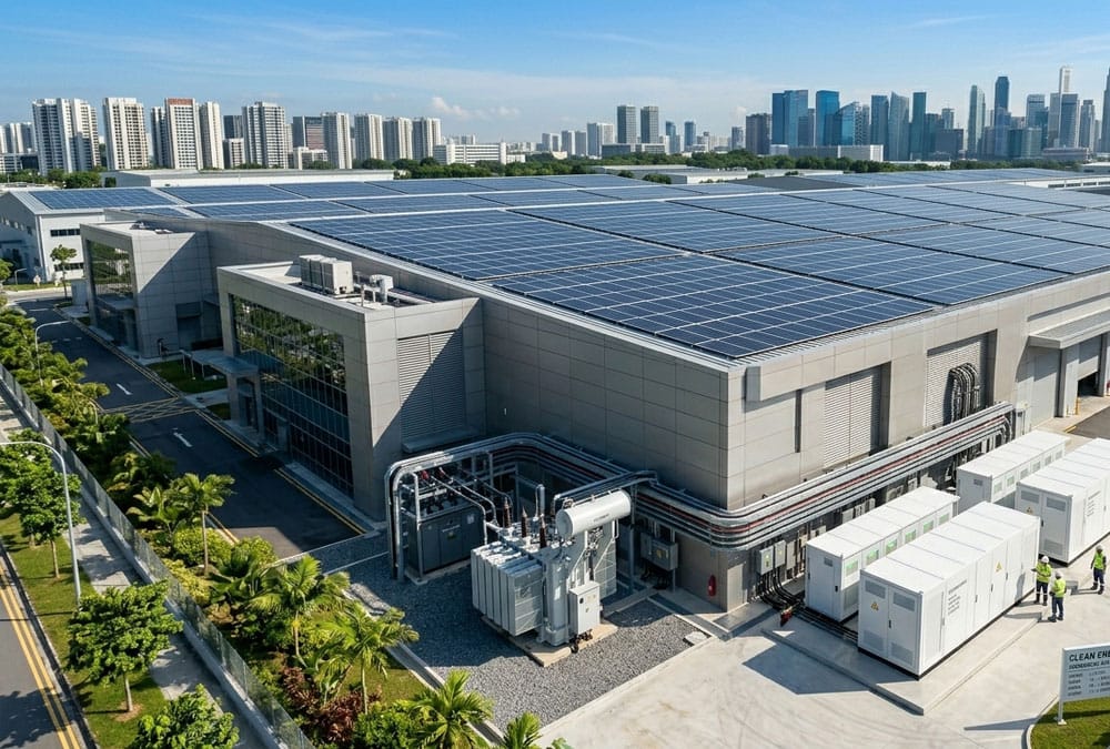 High-efficiency solar panels installed on a factory roof integrated with outdoor energy storage cabinets for comprehensive industrial solar battery storage.
