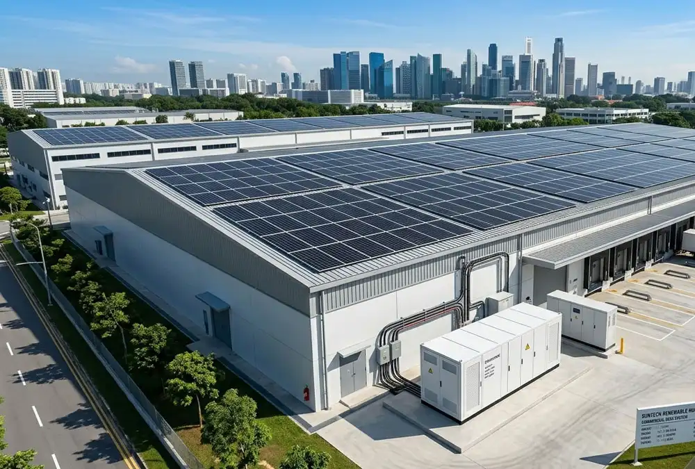 Industrial solar battery storage array deployed to optimize a warehouse solar plus storage system and achieve cost reduction.
