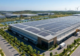 A massive commercial solar PV array installed by a professional industrial solar solutions construction company on a factory roof.