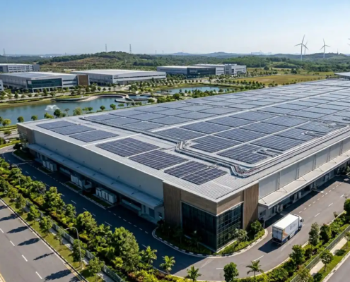 A massive commercial solar PV array installed by a professional industrial solar solutions construction company on a factory roof.