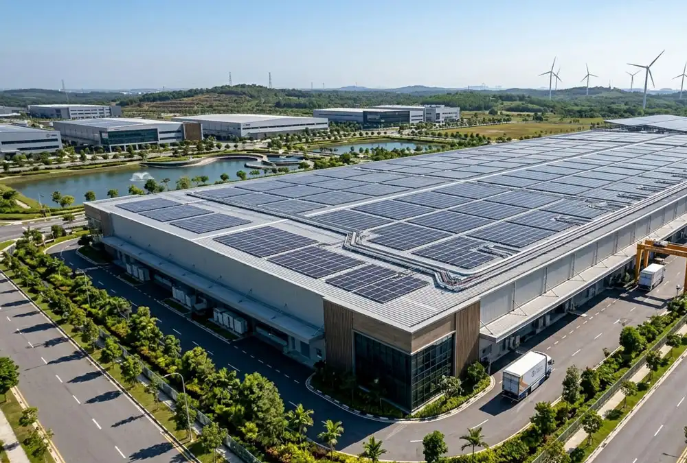 A massive commercial solar PV array installed by a professional industrial solar solutions construction company on a factory roof.