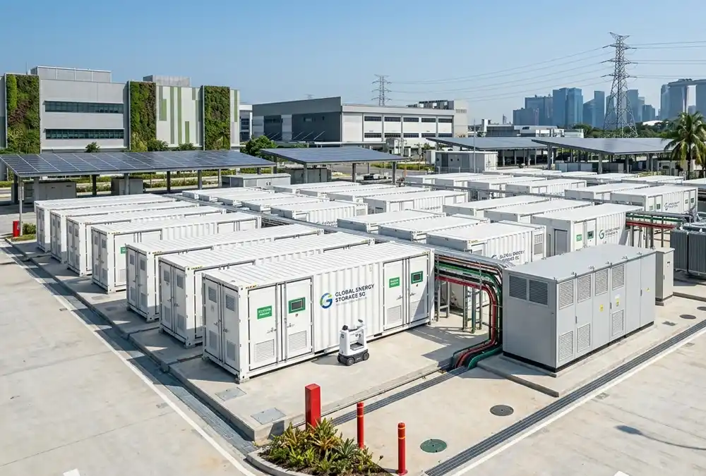 Containerized LFP battery energy storage systems deployed as part of turnkey industrial solar solutions.