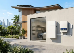 Modern residential solar battery storage with lithium ion battery storage setup on a luxury home garage wall.