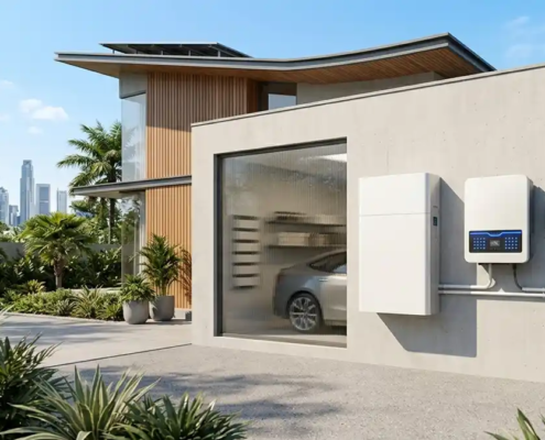 Modern residential solar battery storage with lithium ion battery storage setup on a luxury home garage wall.