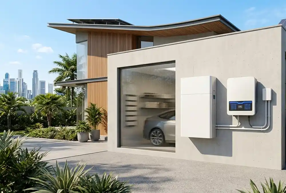 Modern residential solar battery storage with lithium ion battery storage setup on a luxury home garage wall.