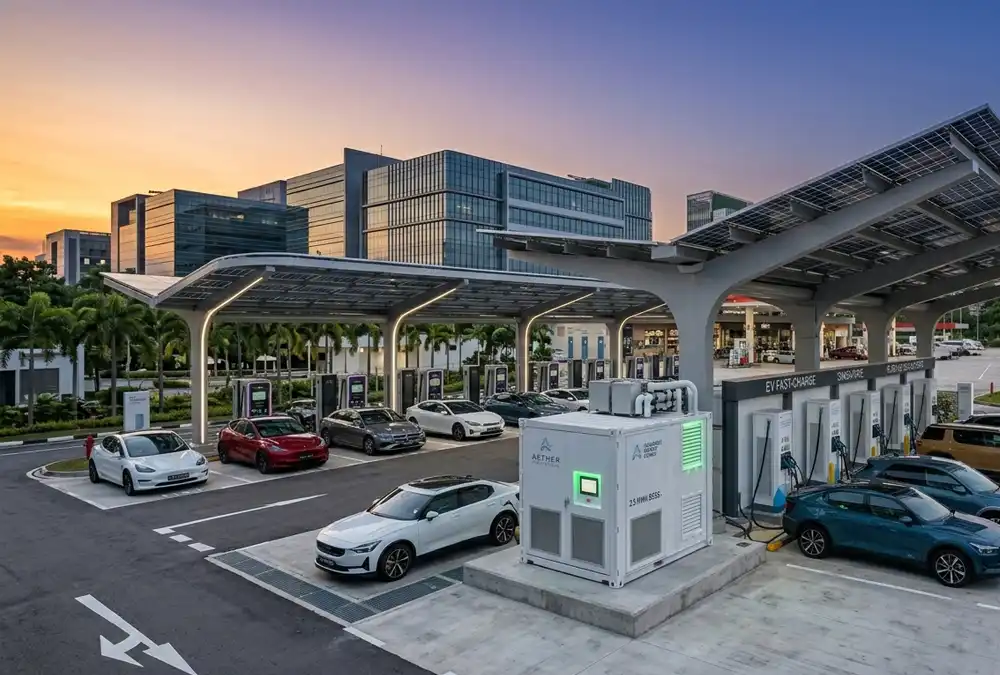 A sustainable solar plus storage EV charging infrastructure microgrid minimizing demand charges.
