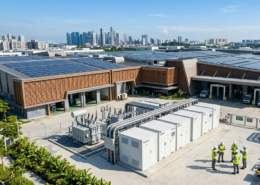 Premium outdoor battery energy storage solution integrated with roof solar panels, highlighting solar storage batteries for sale for industrial parks.