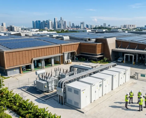 Premium outdoor battery energy storage solution integrated with roof solar panels, highlighting solar storage batteries for sale for industrial parks.