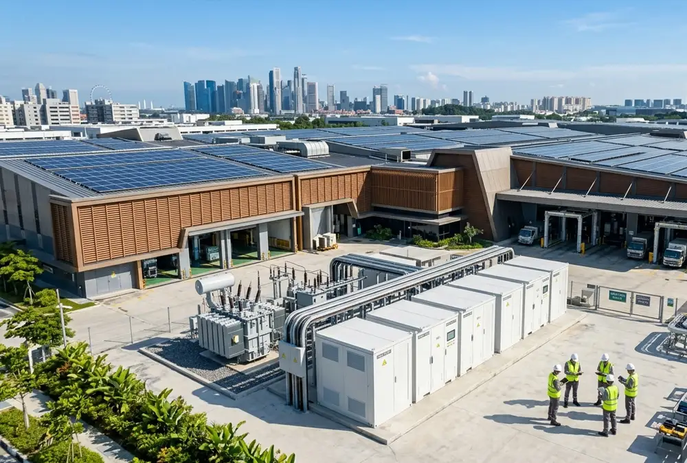 Premium outdoor battery energy storage solution integrated with roof solar panels, highlighting solar storage batteries for sale for industrial parks.