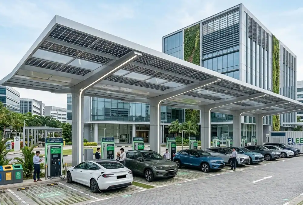 Turnkey solar solutions showing an integrated solar carport infrastructure combined with EV charging stations at a commercial site.