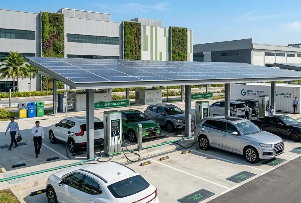An integrated solar-powered EV charging infrastructure canopy combined with battery storage at a commercial facility.