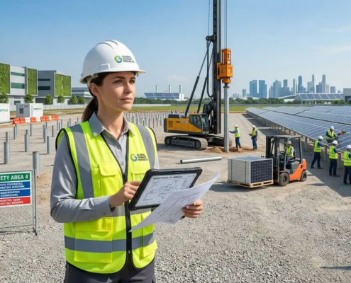 An organized engineering team demonstrating the streamlined project management benefits of turnkey solar solutions over traditional solar installation.