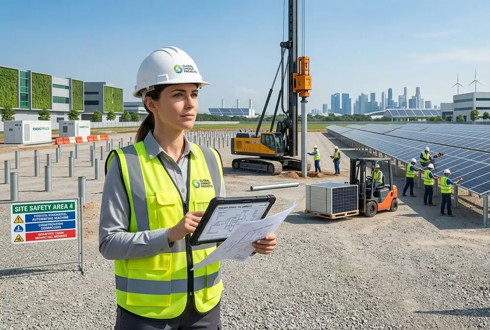 An organized engineering team demonstrating the streamlined project management benefits of turnkey solar solutions over traditional solar installation.