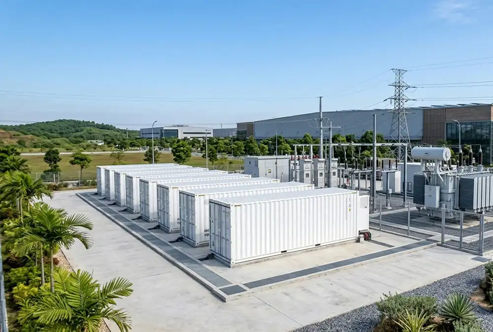 Containerized battery energy storage systems integrated with a utility scale solar EPC project for peak shaving.