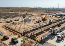 Technical engineers supervising mechanical installation at a project site managed by a utility scale solar epc company.