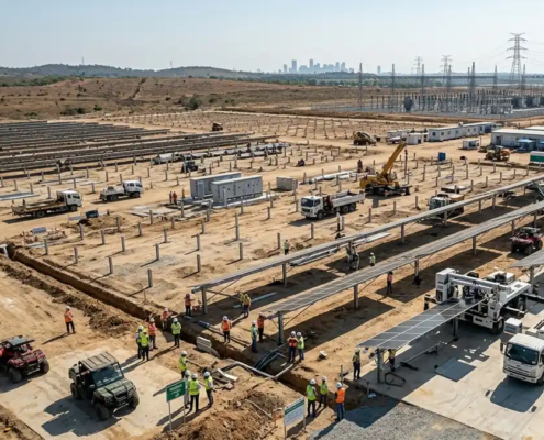 Technical engineers supervising mechanical installation at a project site managed by a utility scale solar epc company.
