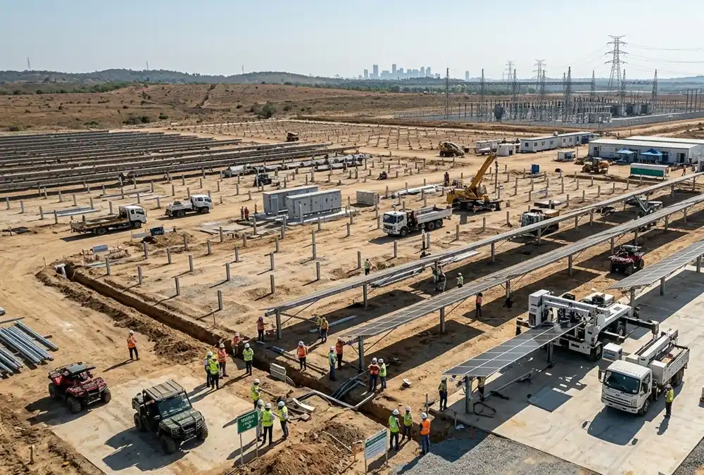 Technical engineers supervising mechanical installation at a project site managed by a utility scale solar epc company.