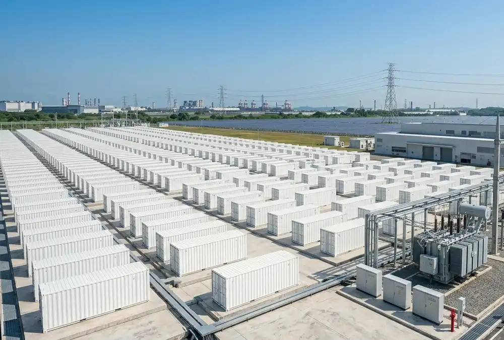 A massive front-of-the-meter utility scale battery storage installation delivering grid scale energy storage solutions.
