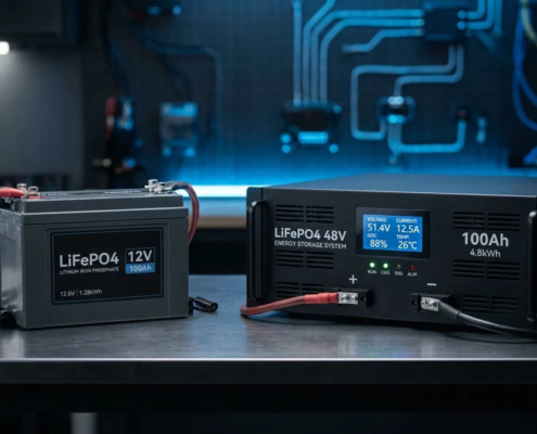 Comprehensive comparison between 12V vs 48V LiFePO4 batteries for industrial and energy storage applications.