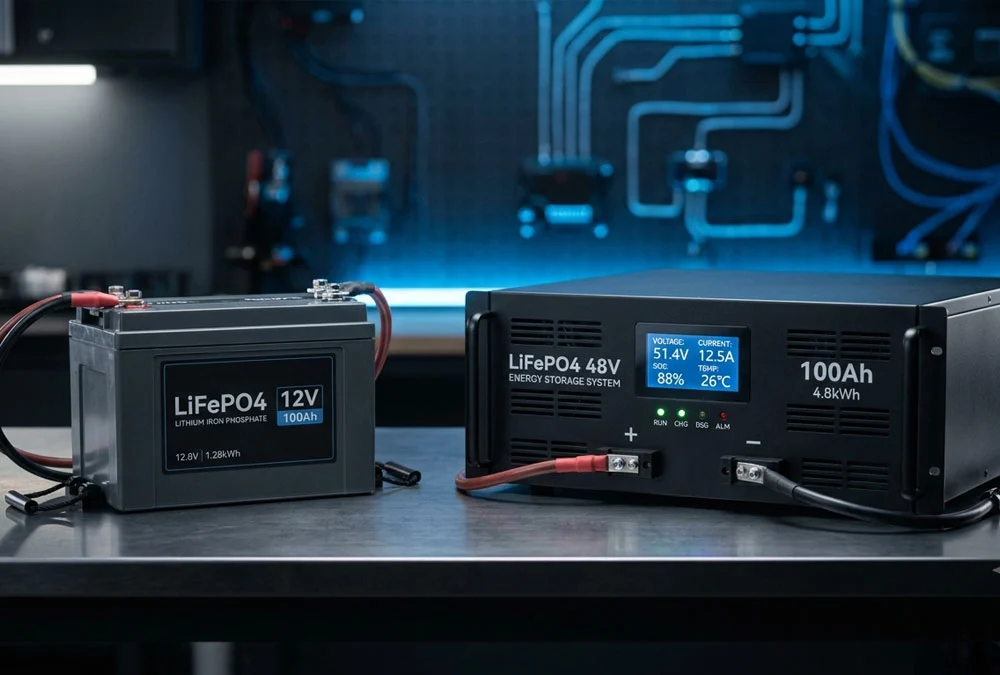Comprehensive comparison between 12V vs 48V LiFePO4 batteries for industrial and energy storage applications.