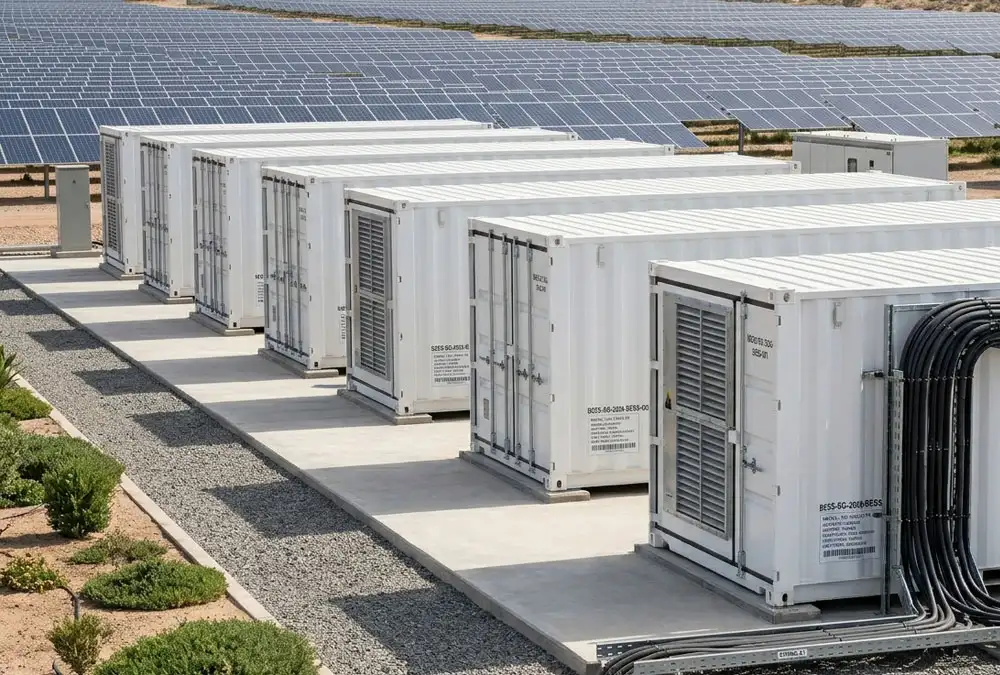 Multiple industrial 20ft battery energy storage containers deployed in parallel at a solar farm facility.