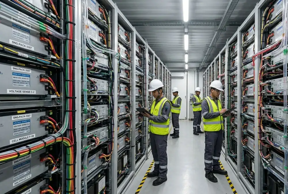 Interior layout of a 20ft containerized battery storage system showing high-voltage lithium battery racks and BMS.