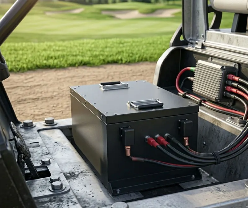 Long-range 48V LiFePO4 battery for golf cart upgrade providing high torque and consistent voltage.