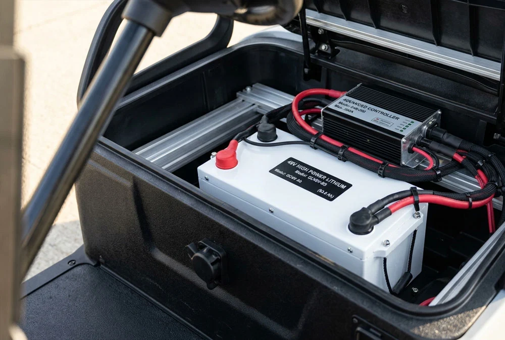 High efficiency 48V LiFePO4 battery system installed inside an electric golf cart for improved torque and performance.