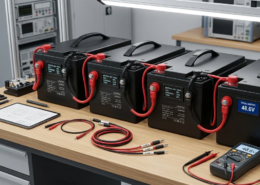 Connecting 4 12V batteries in series with heavy copper jumper cables to form a 48V battery system.