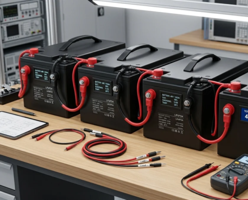Connecting 4 12V batteries in series with heavy copper jumper cables to form a 48V battery system.