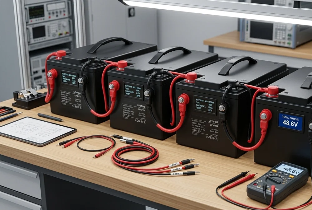 Connecting 4 12V batteries in series with heavy copper jumper cables to form a 48V battery system.