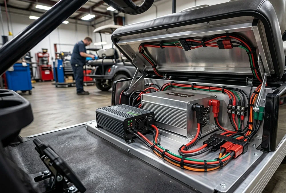 48V LiFePO4 charger mounted inside an electric golf cart battery compartment