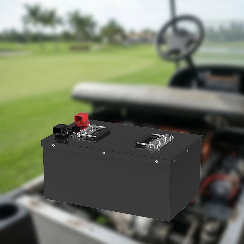 48V high capacity lithium battery mah pack installed in electric golf cart chassis.