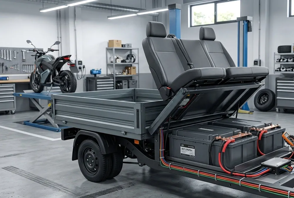 Heavy duty 72V LiFePO4 battery system powering a commercial electric utility vehicle.