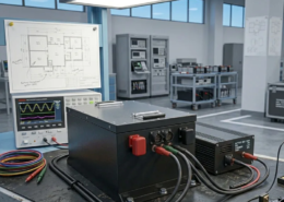 A professional technician connecting a smart charger to charge a lithium battery for the first time on an industrial workbench.