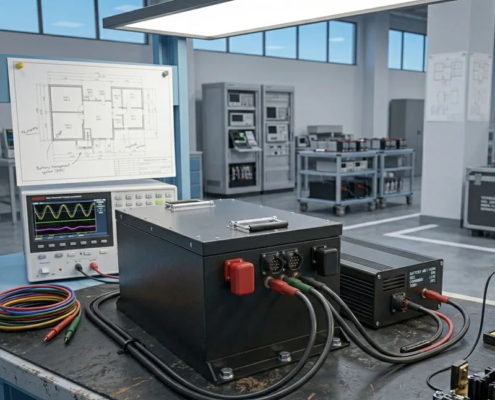 A professional technician connecting a smart charger to charge a lithium battery for the first time on an industrial workbench.