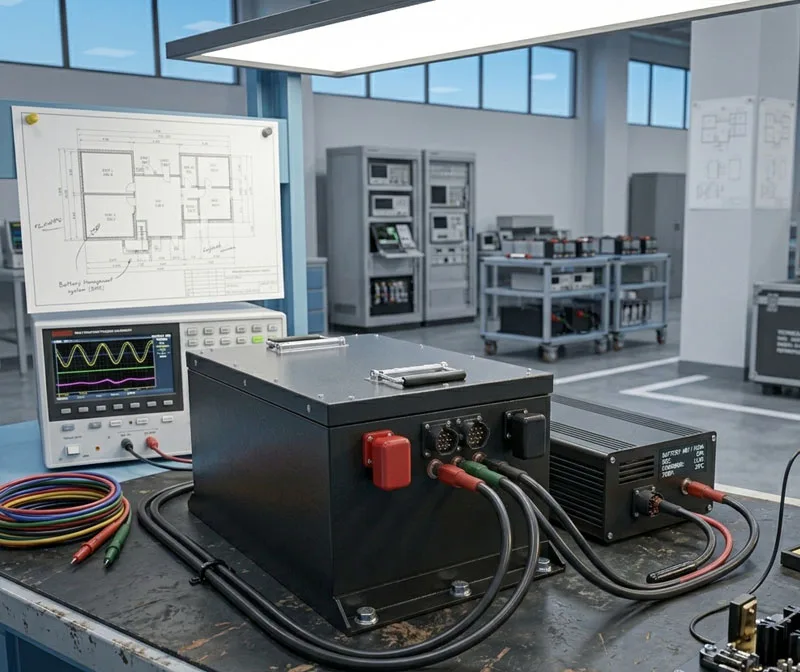 A professional technician connecting a smart charger to charge a lithium battery for the first time on an industrial workbench.