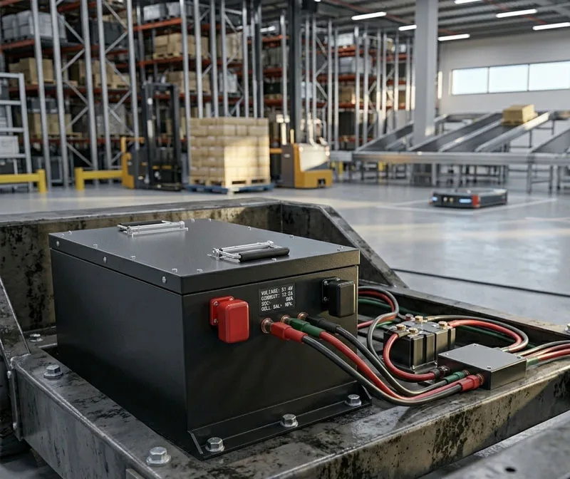 Industrial black deep cycle lithium battery optimized for 24/7 automated guided vehicles and heavy warehouse forklifts.
