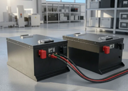 Heavy-duty black LFP batteries vs lithium ion systems with robust enclosures and smart digital displays for commercial fleet equipment.