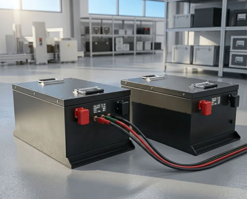 Heavy-duty black LFP batteries vs lithium ion systems with robust enclosures and smart digital displays for commercial fleet equipment.