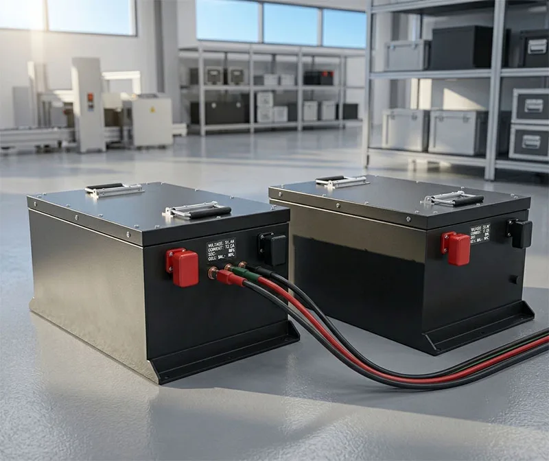Heavy-duty black LFP batteries vs lithium ion systems with robust enclosures and smart digital displays for commercial fleet equipment.