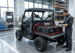 Engineer testing how fast is a 72V battery on an electric utility vehicle in a modern workshop