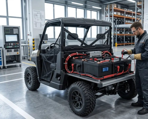 Engineer testing how fast is a 72V battery on an electric utility vehicle in a modern workshop