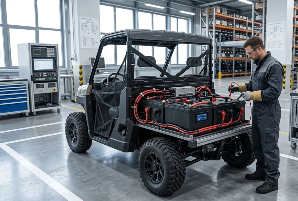 Engineer testing how fast is a 72V battery on an electric utility vehicle in a modern workshop