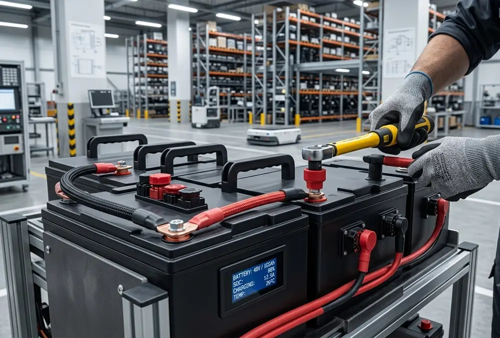 Technician connecting 4 12V batteries in series using insulated tools and heavy gauge cables.