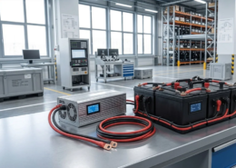 Smart LiFePO4 battery charger connected to a lithium iron phosphate battery pack
