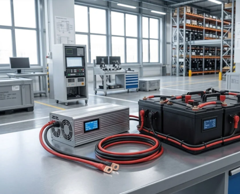 Smart LiFePO4 battery charger connected to a lithium iron phosphate battery pack