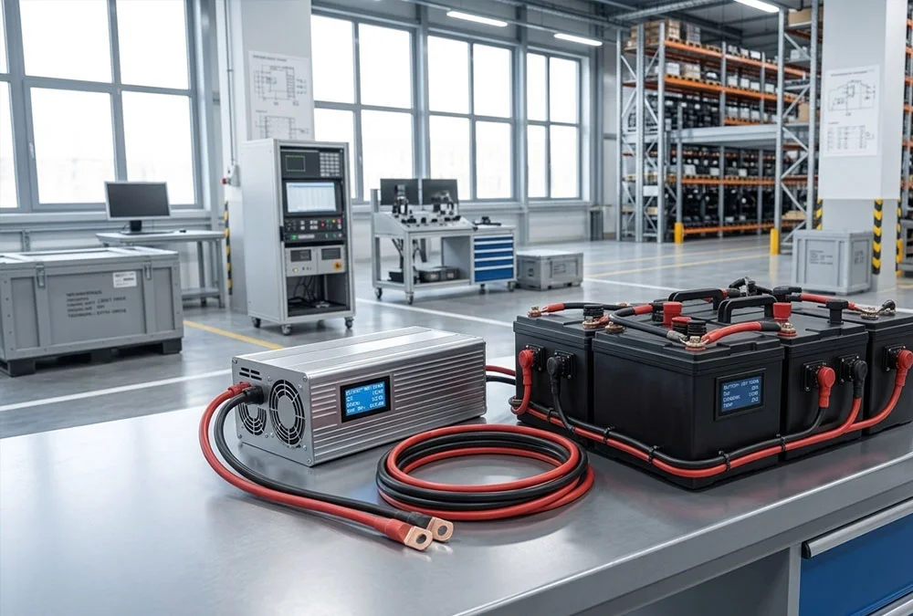 Smart LiFePO4 battery charger connected to a lithium iron phosphate battery pack